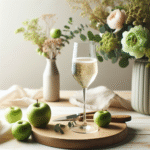 Foto av et elegant glass Prosecco på et lyst trebord, med myke bobler, grønne epler og blomster i bakgrunnen, nordisk, minimalistisk stil