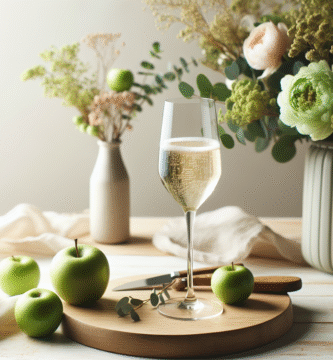 Foto av et elegant glass Prosecco på et lyst trebord, med myke bobler, grønne epler og blomster i bakgrunnen, nordisk, minimalistisk stil