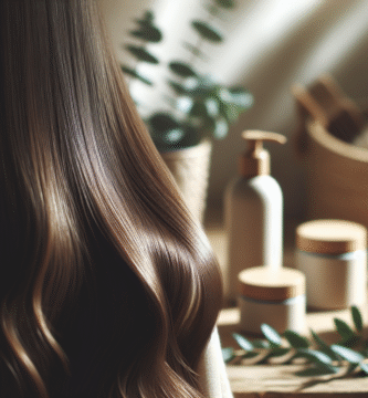 Nærbilde av sunt, glansfullt hår i naturlig lys, miljøvennlig hårpleieprodukter i bakgrunnen, nordisk minimalistisk stil