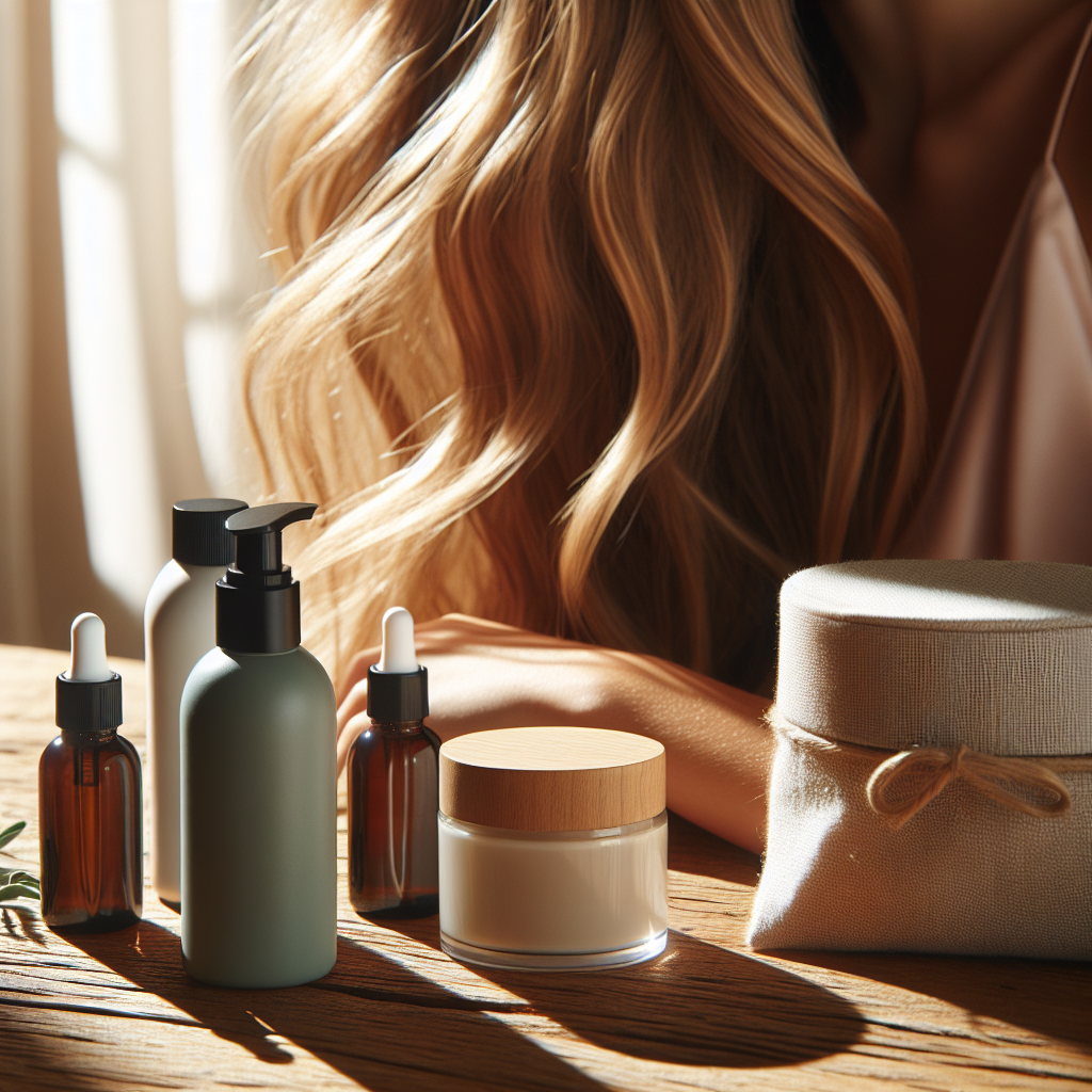 Nærbilde av sunt, naturlig hår i sollys med miljøvennlige hårpleieprodukter på et trebord, minimalistisk nordisk estetikk, mykt naturlig lys