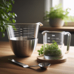 Nærbilde av et målebeger i glass og et rustfritt stål-målebeger på et trekjøkkenbord, naturlig lys, minimalistisk nordisk stil, grønne urter i bakgrunnen