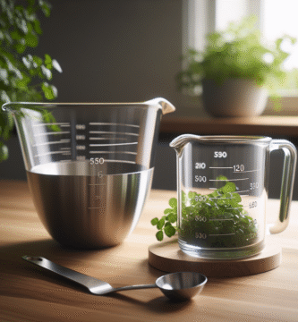Nærbilde av et målebeger i glass og et rustfritt stål-målebeger på et trekjøkkenbord, naturlig lys, minimalistisk nordisk stil, grønne urter i bakgrunnen