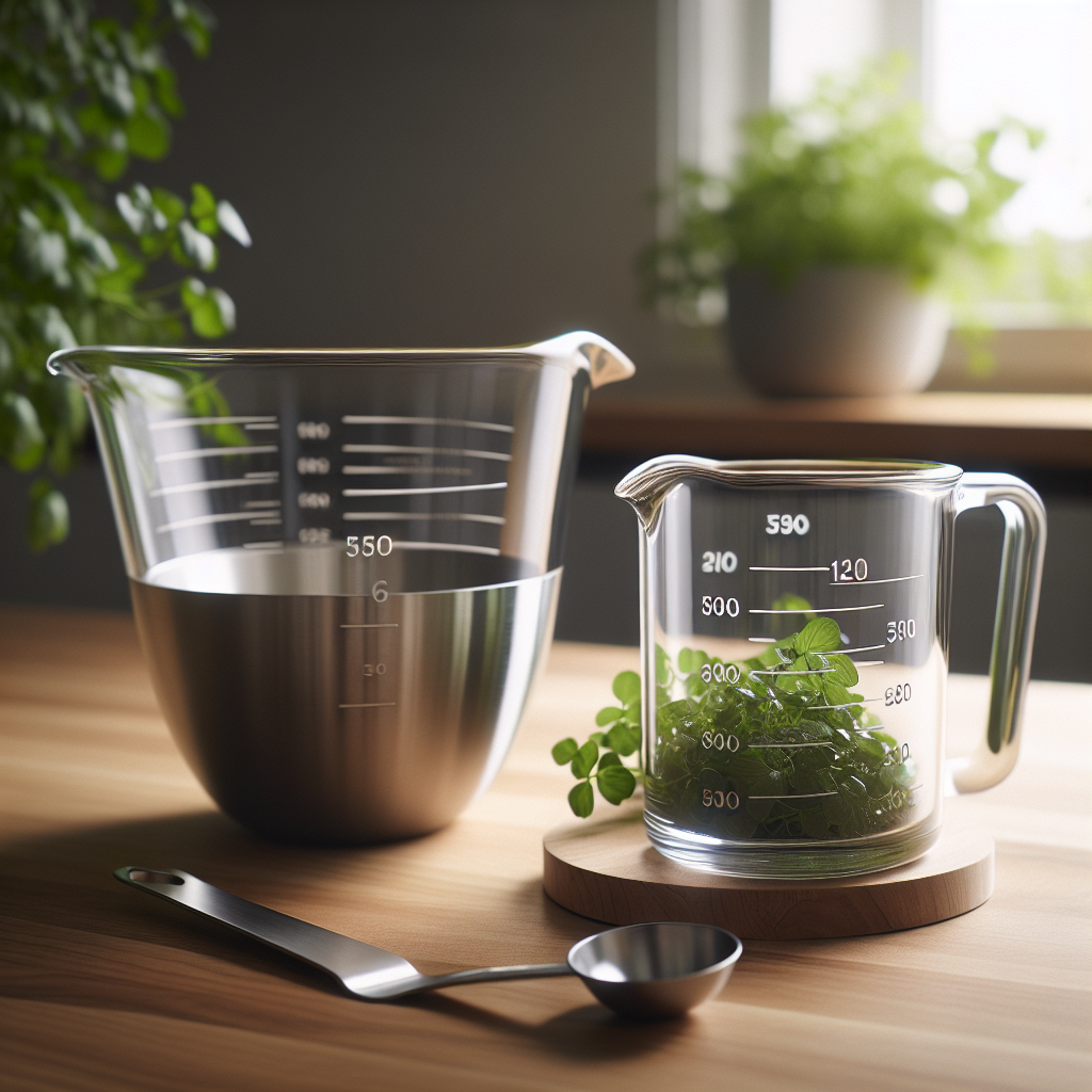 Nærbilde av et målebeger i glass og et rustfritt stål-målebeger på et trekjøkkenbord, naturlig lys, minimalistisk nordisk stil, grønne urter i bakgrunnen