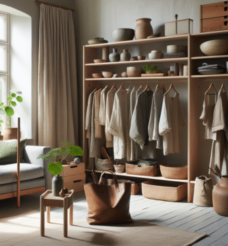 Nordisk, minimalistisk stue og garderobe med bærekraftig tilbehør: tre, lintekstiler, lærveske, keramikk og grønne planter i myk naturlig belysning