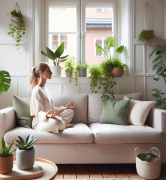 Rolig nordisk hjem med myke farger, en person som mediterer på en sofa, grønne planter, naturlig lys fra vindu, minimalistisk og fredfull velvære-stemning