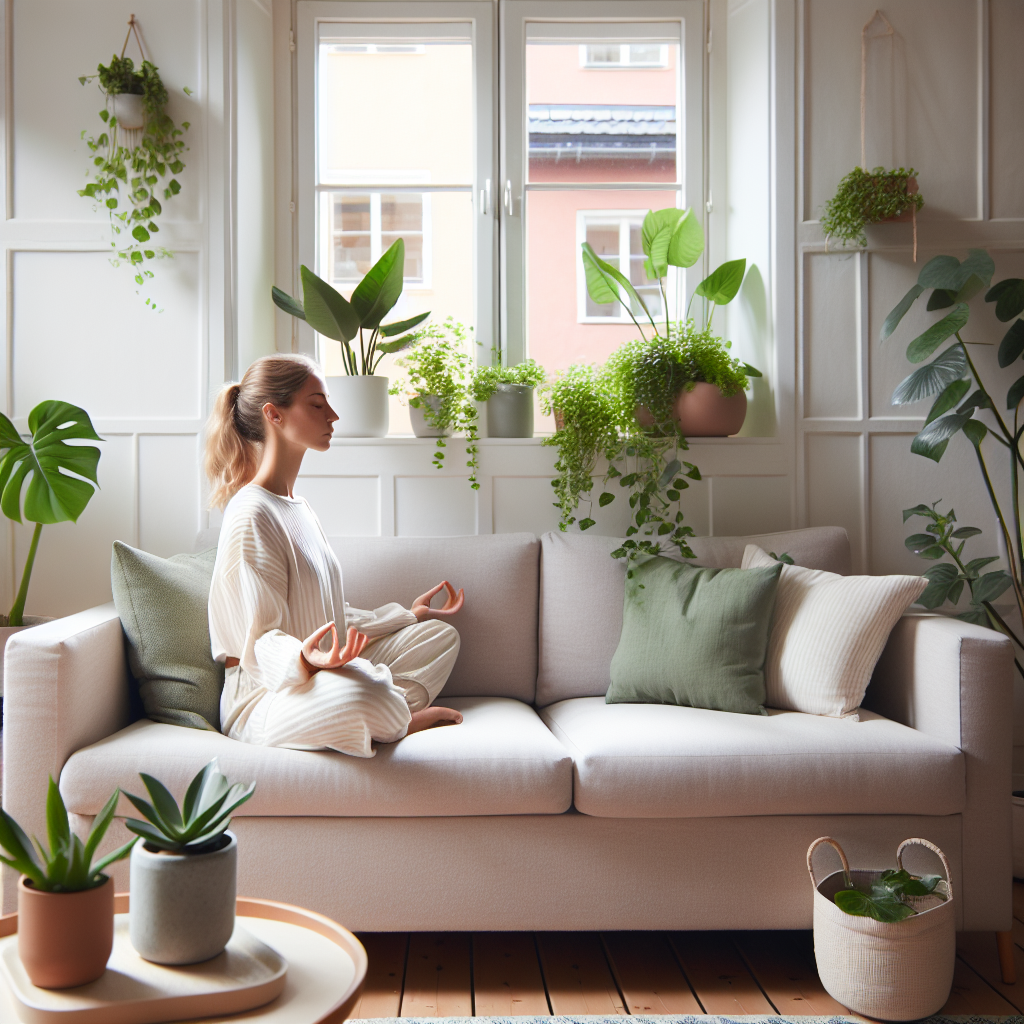 Rolig nordisk hjem med myke farger, en person som mediterer på en sofa, grønne planter, naturlig lys fra vindu, minimalistisk og fredfull velvære-stemning