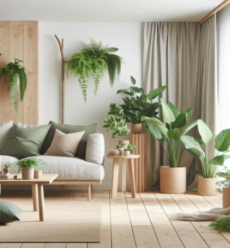 Lys og innbydende nordisk stue med naturlige materialer, grønne planter, varmt tre og minimalistisk design, bærekraftig og hyggelig stemning