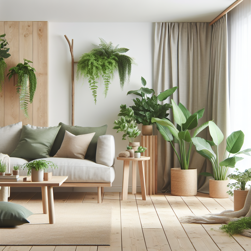 Lys og innbydende nordisk stue med naturlige materialer, grønne planter, varmt tre og minimalistisk design, bærekraftig og hyggelig stemning