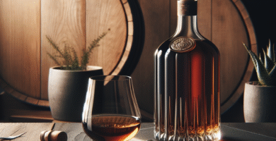 Elegant flaske cognac på et mørkt trebord med glass, eikefat i bakgrunnen, varmt lys og nordisk minimalistisk interiørstil