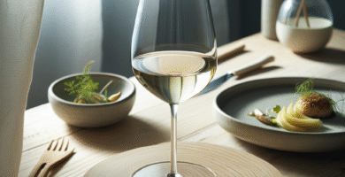 Elegangt glass hvitvin på lyst trebord med nordisk, naturlig lys og delikat matparring i minimalistisk stil