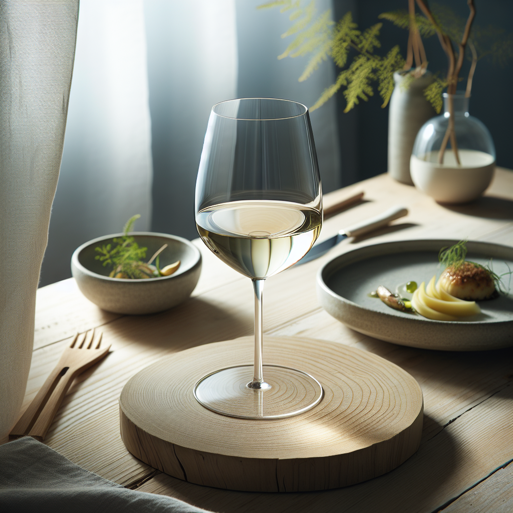 Elegangt glass hvitvin på lyst trebord med nordisk, naturlig lys og delikat matparring i minimalistisk stil