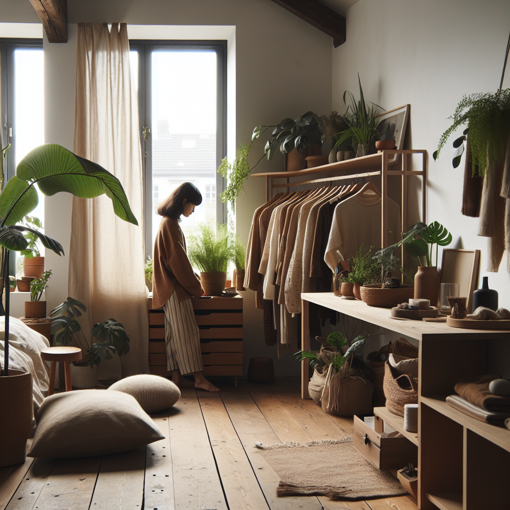 Stemningsfullt nordisk hjem med naturlige materialer, varme toner, planter og en person som organiserer garderobe, minimalistisk og bærekraftig estetikk