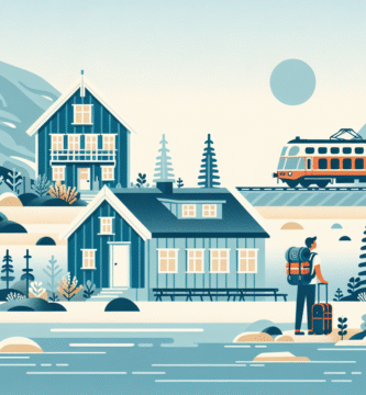 Nordisk kystlandskap med tog i bakgrunnen, en reisende med ryggsekk ved et lokalt gjestehus, myk nordisk fargepalett og bærekraftig reisefølelse