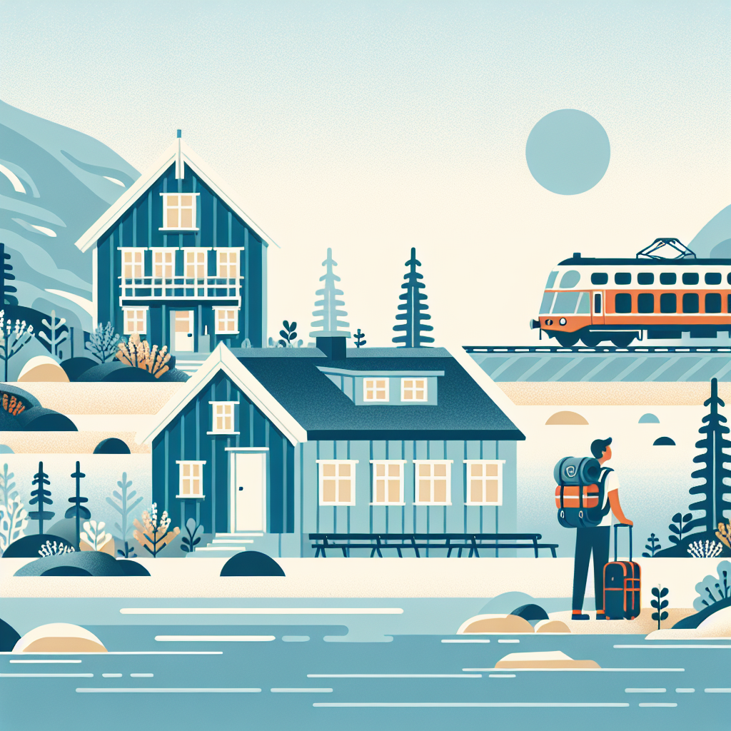 Nordisk kystlandskap med tog i bakgrunnen, en reisende med ryggsekk ved et lokalt gjestehus, myk nordisk fargepalett og bærekraftig reisefølelse