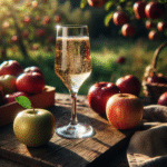 Nærbilde av et glass klar, perlende sider ved siden av friske norske epler og en rustikk eplegård i bakgrunnen, naturlig nordisk lys