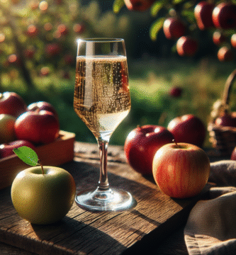 Nærbilde av et glass klar, perlende sider ved siden av friske norske epler og en rustikk eplegård i bakgrunnen, naturlig nordisk lys